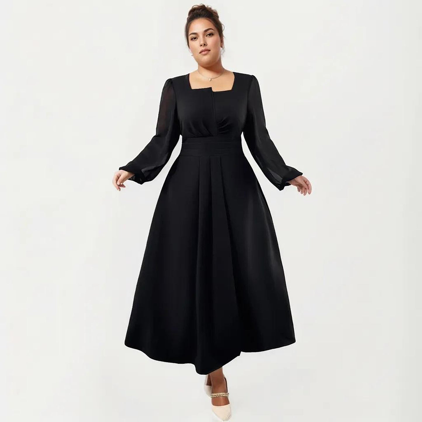 Plus Size Long Sleeve Midi Dress with Pleated Waist Detail and Flowy A Line Silhouette