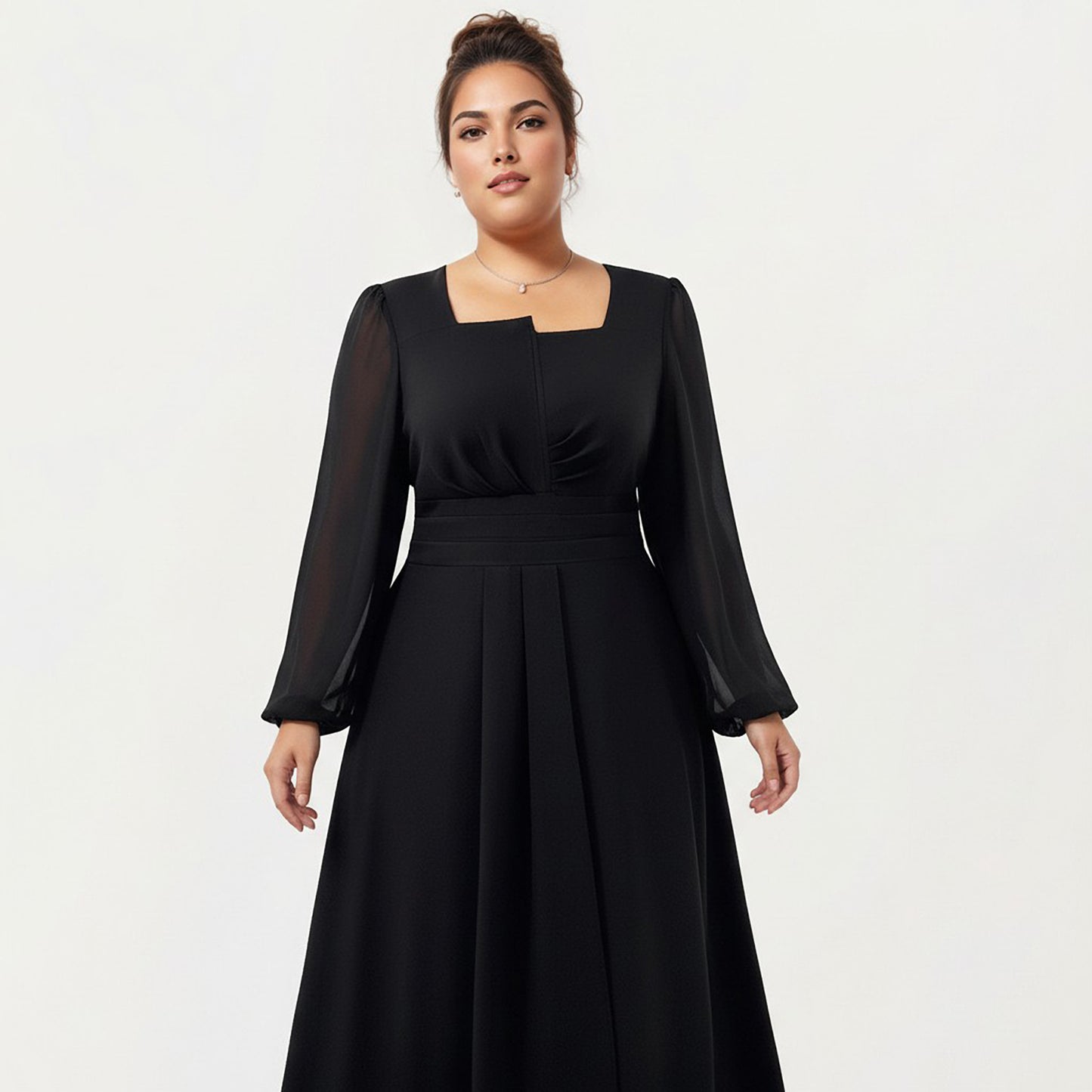 Plus Size Long Sleeve Midi Dress with Pleated Waist Detail and Flowy A Line Silhouette