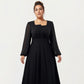 Plus Size Long Sleeve Midi Dress with Pleated Waist Detail and Flowy A Line Silhouette