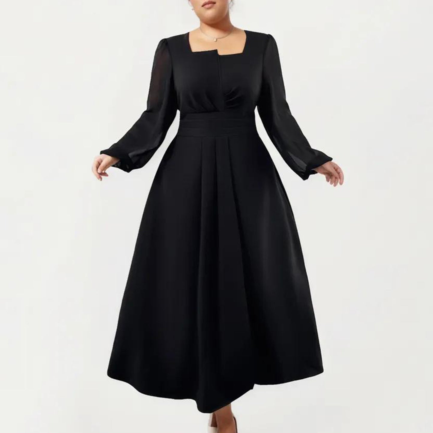 Plus Size Long Sleeve Midi Dress with Pleated Waist Detail and Flowy A Line Silhouette