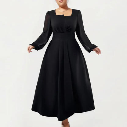 Plus Size Long Sleeve Midi Dress with Pleated Waist Detail and Flowy A Line Silhouette