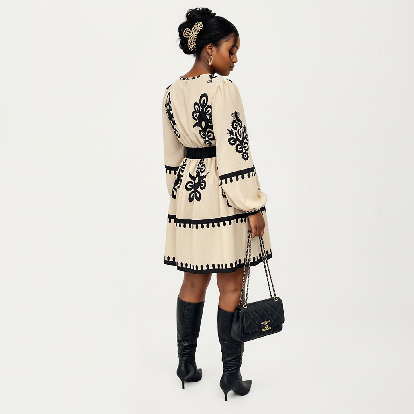 Plus Size Long Sleeve Printed Mini Dress with Elastic Waist Detail