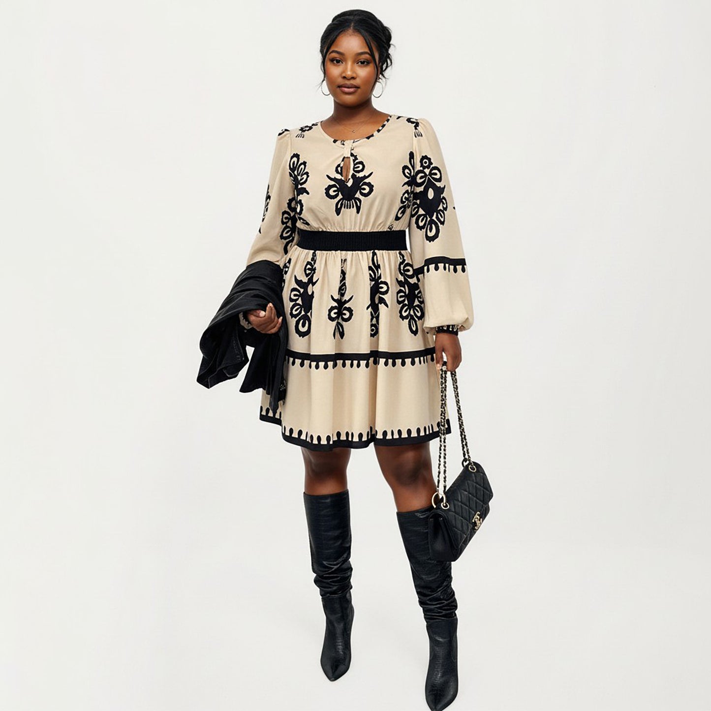 Plus Size Long Sleeve Printed Mini Dress with Elastic Waist Detail