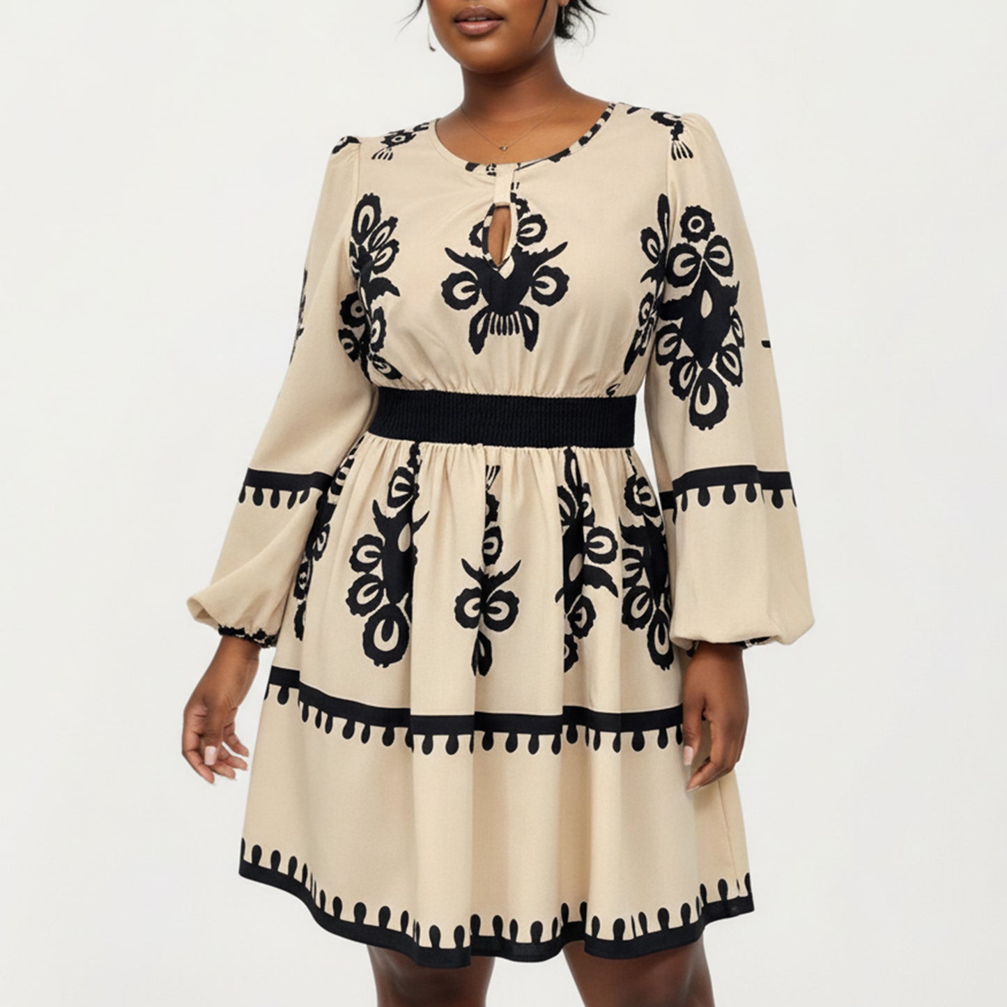 Plus Size Long Sleeve Printed Mini Dress with Elastic Waist Detail