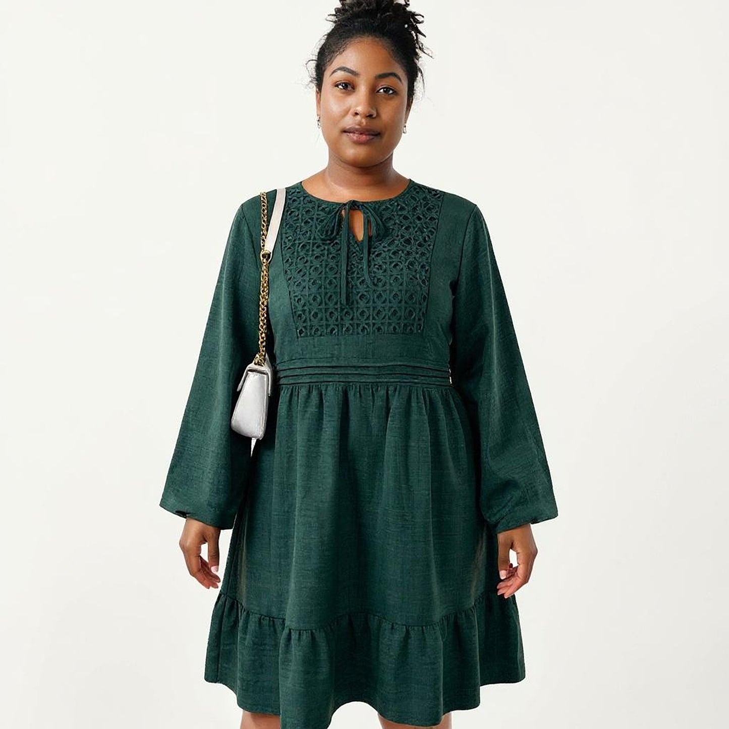 Plus Size Long Sleeve Embroidered Midi Dress with Elastic Waist and Tiered Hem Design