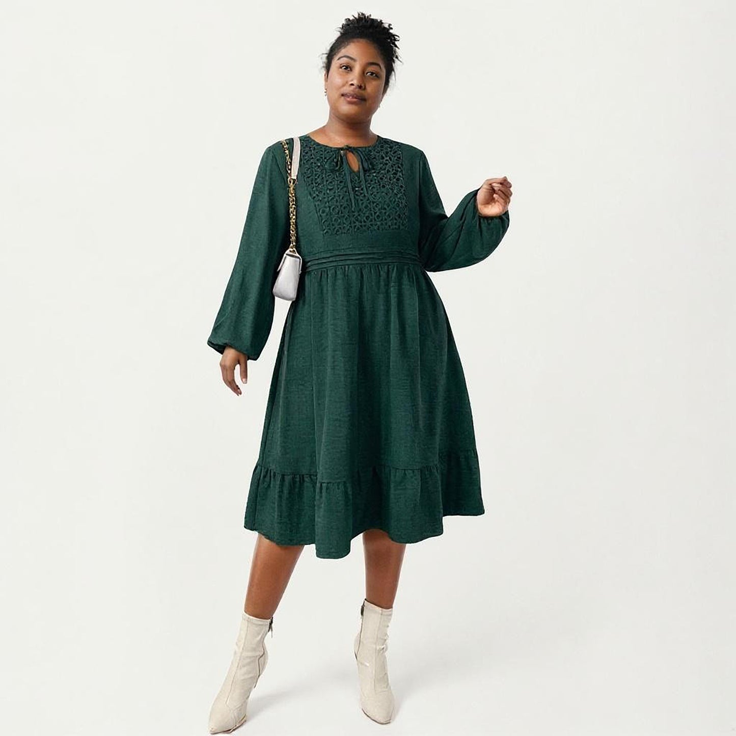 Plus Size Long Sleeve Embroidered Midi Dress with Elastic Waist and Tiered Hem Design