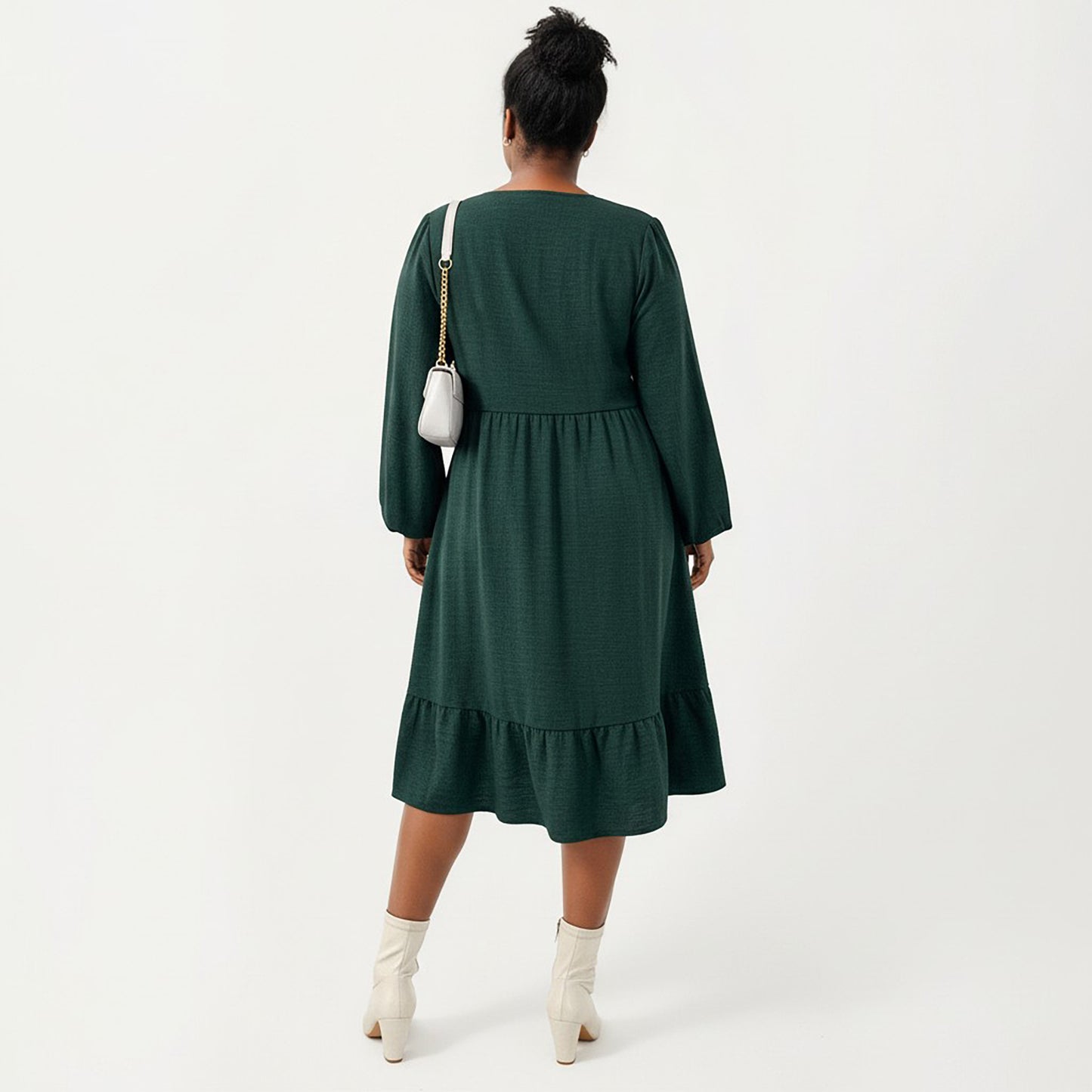 Plus Size Long Sleeve Embroidered Midi Dress with Elastic Waist and Tiered Hem Design
