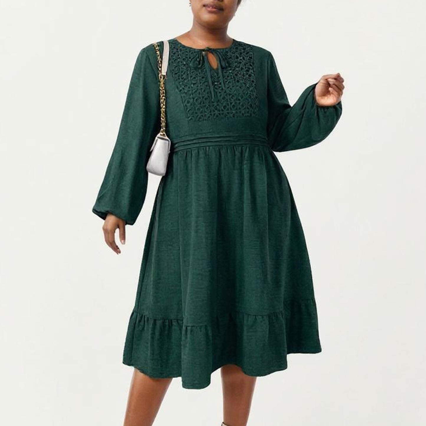 Plus Size Long Sleeve Embroidered Midi Dress with Elastic Waist and Tiered Hem Design