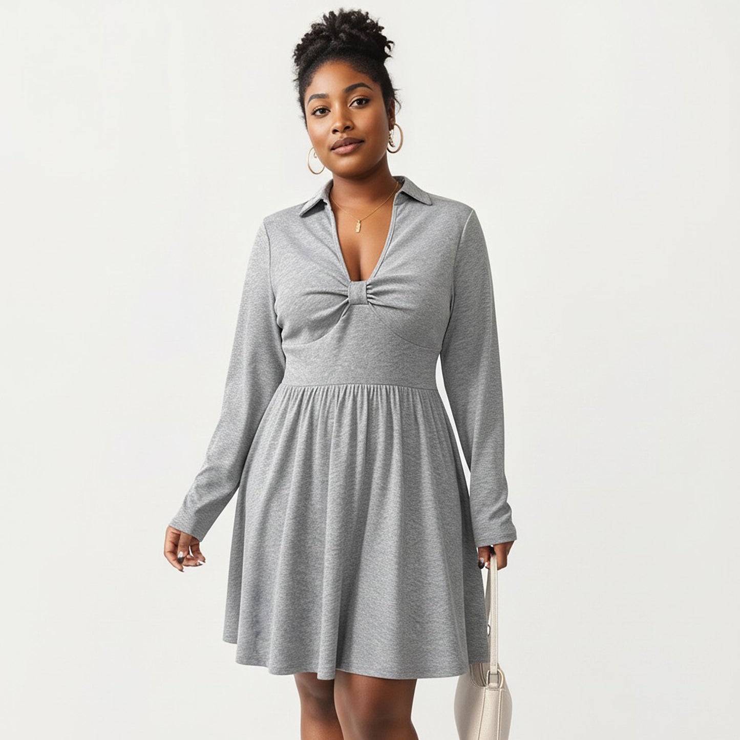 Plus Size Long Sleeve Knit Dress with Collared Neckline Twist Front Detail and Flowy Skirt