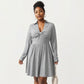 Plus Size Long Sleeve Knit Dress with Collared Neckline Twist Front Detail and Flowy Skirt