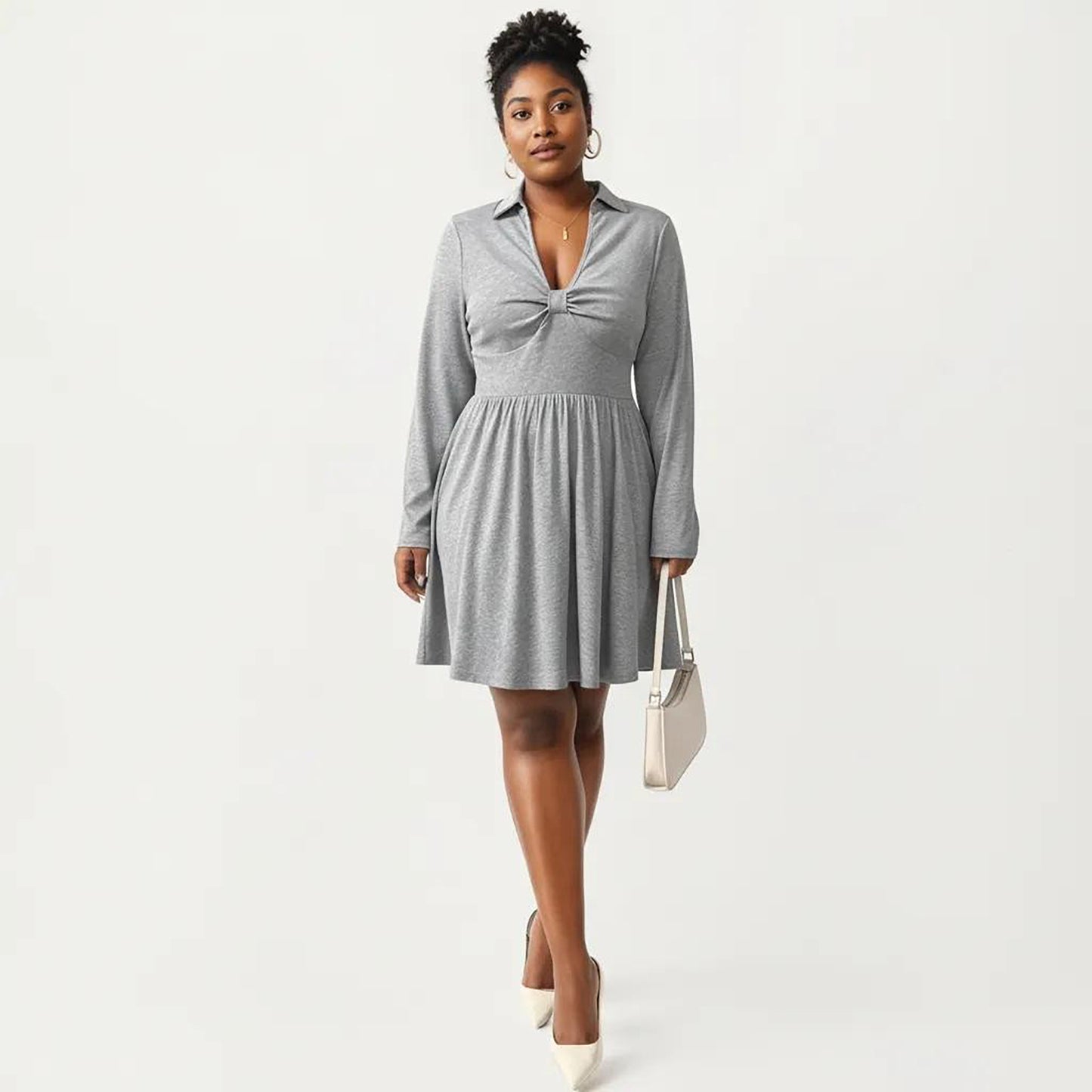 Plus Size Long Sleeve Knit Dress with Collared Neckline Twist Front Detail and Flowy Skirt