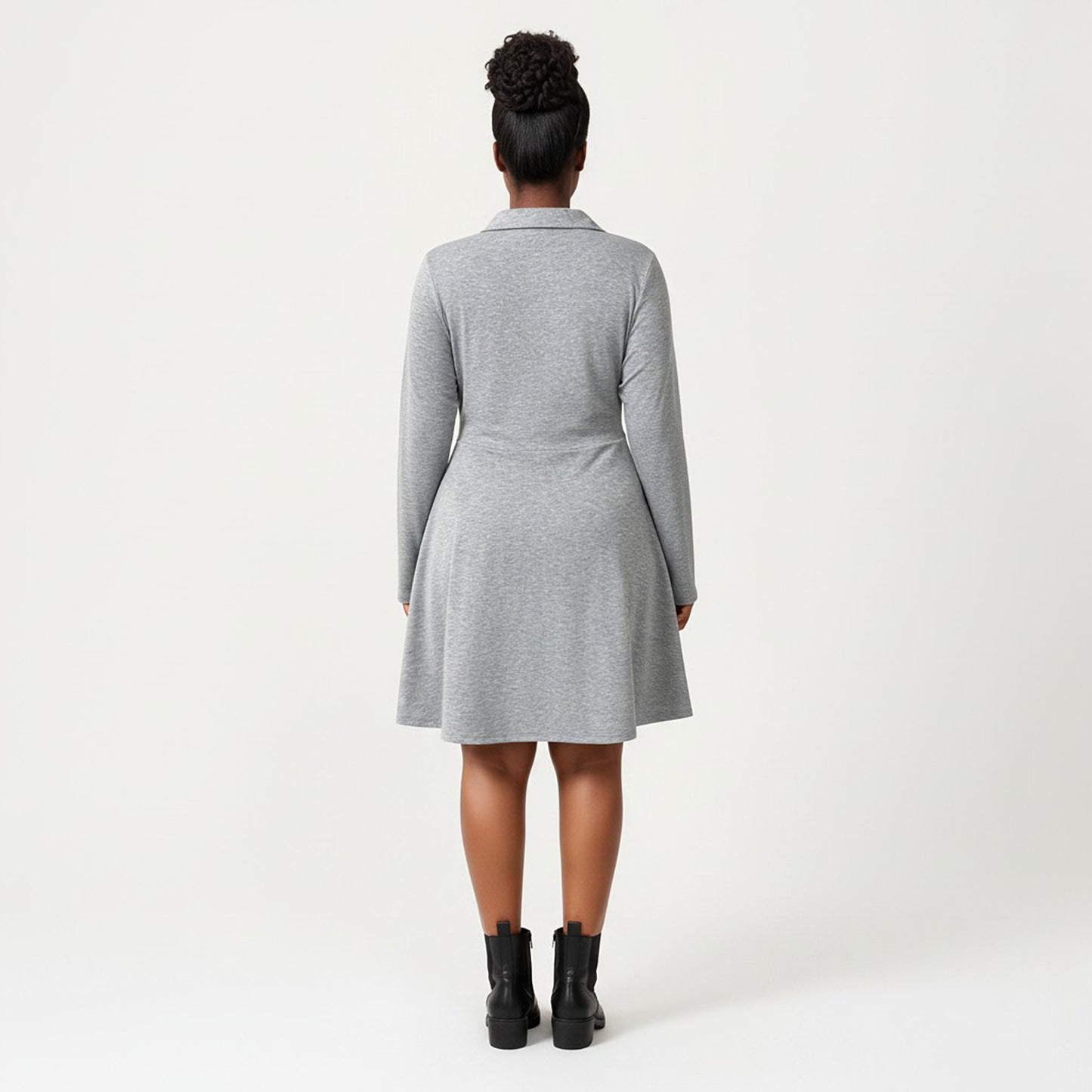 Plus Size Long Sleeve Knit Dress with Collared Neckline Twist Front Detail and Flowy Skirt