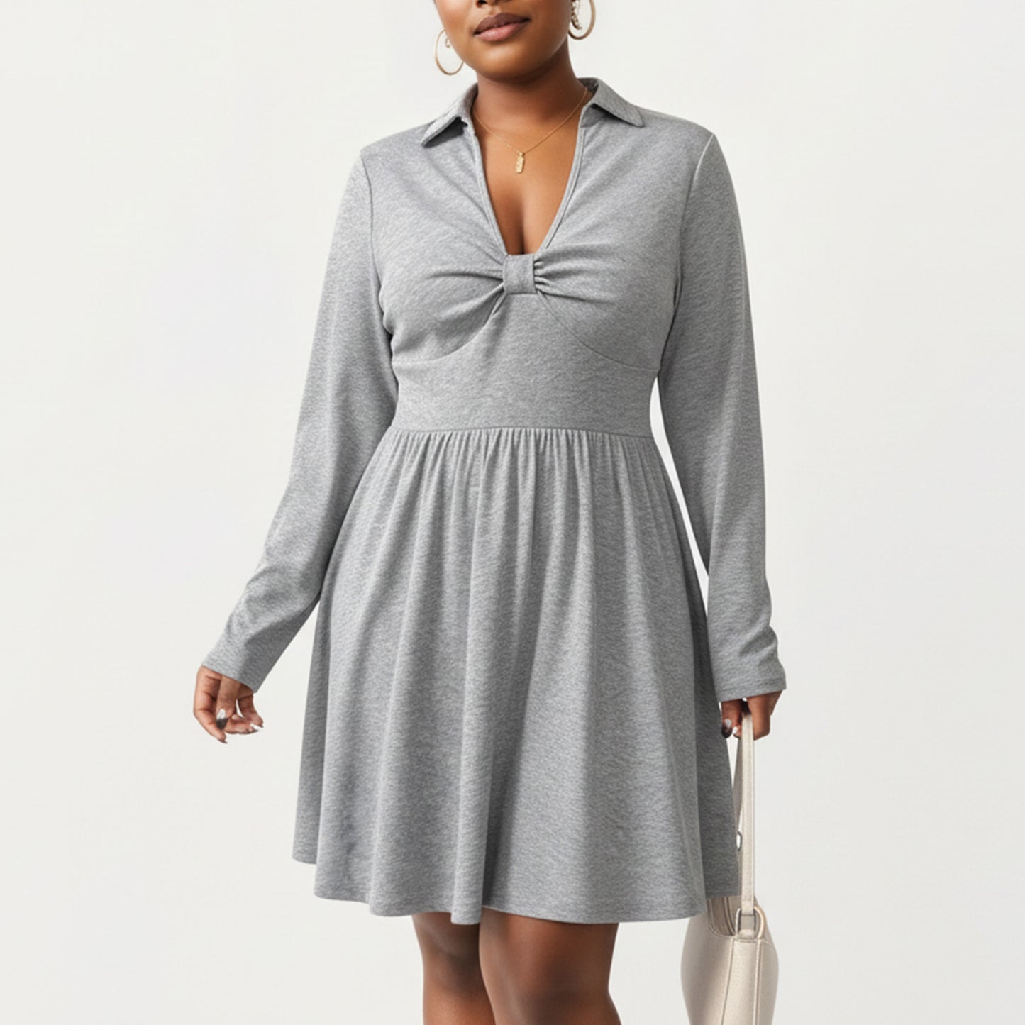 Plus Size Long Sleeve Knit Dress with Collared Neckline Twist Front Detail and Flowy Skirt