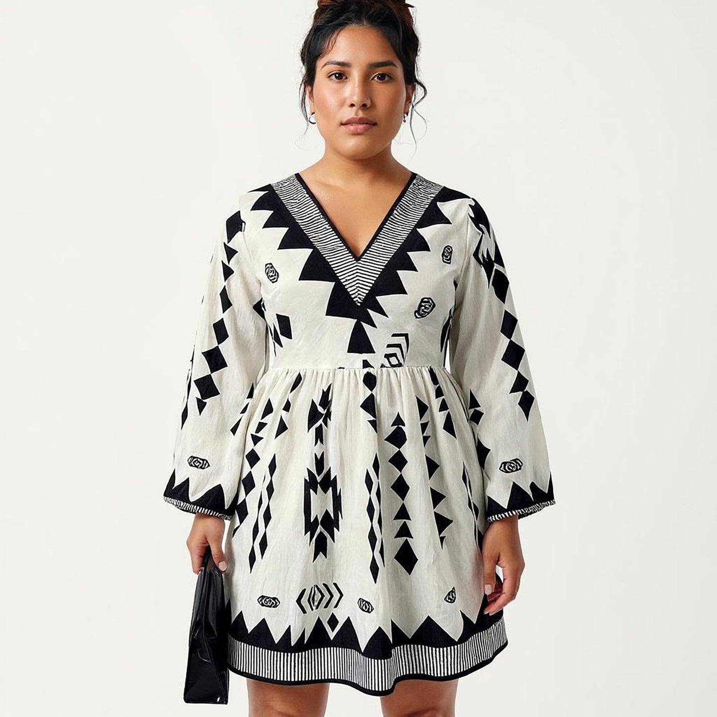 Plus Size Long Sleeve V Neck Dress with Geometric Print Border Details and Flowy Skirt