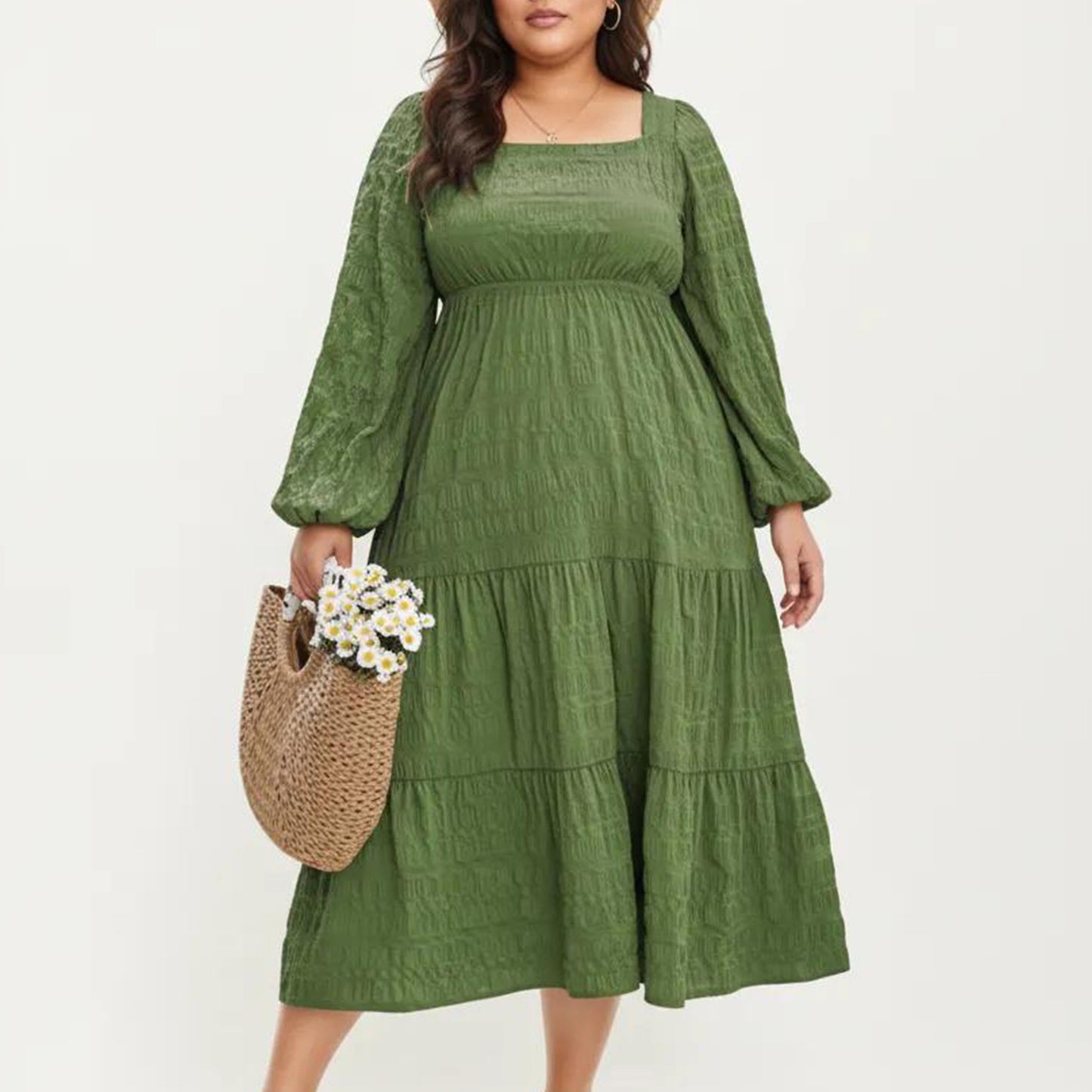 Plus Size Long Sleeve Square Neck Midi Dress with Smocked Bodice and Tiered Flowy Skirt