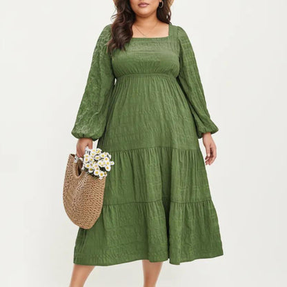 Plus Size Long Sleeve Square Neck Midi Dress with Smocked Bodice and Tiered Flowy Skirt