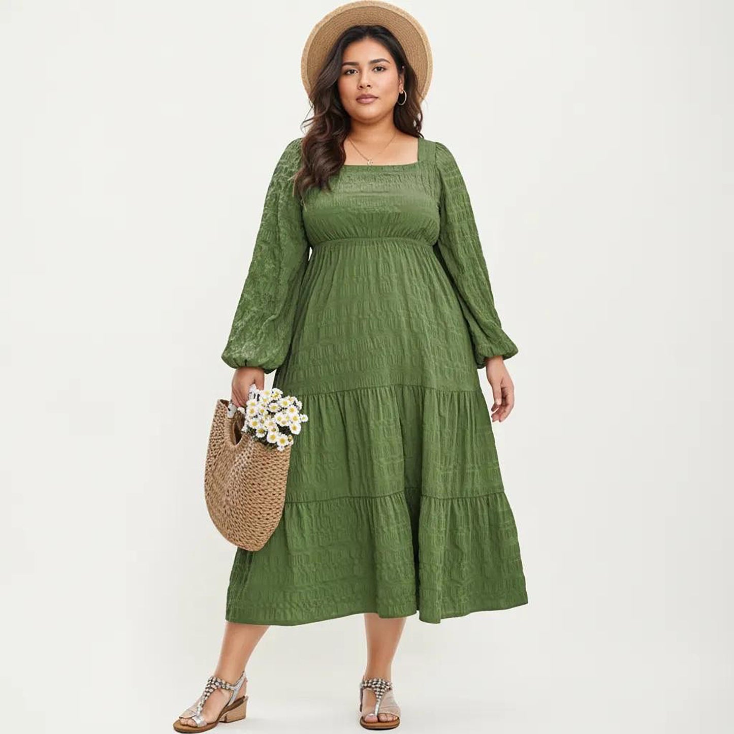 Plus Size Long Sleeve Square Neck Midi Dress with Smocked Bodice and Tiered Flowy Skirt