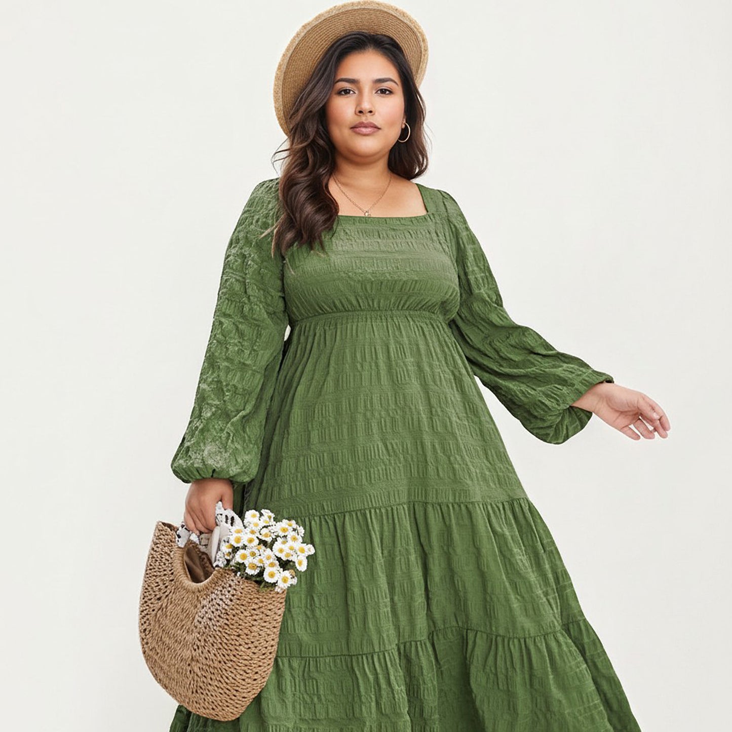 Plus Size Long Sleeve Square Neck Midi Dress with Smocked Bodice and Tiered Flowy Skirt