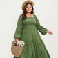 Plus Size Long Sleeve Square Neck Midi Dress with Smocked Bodice and Tiered Flowy Skirt