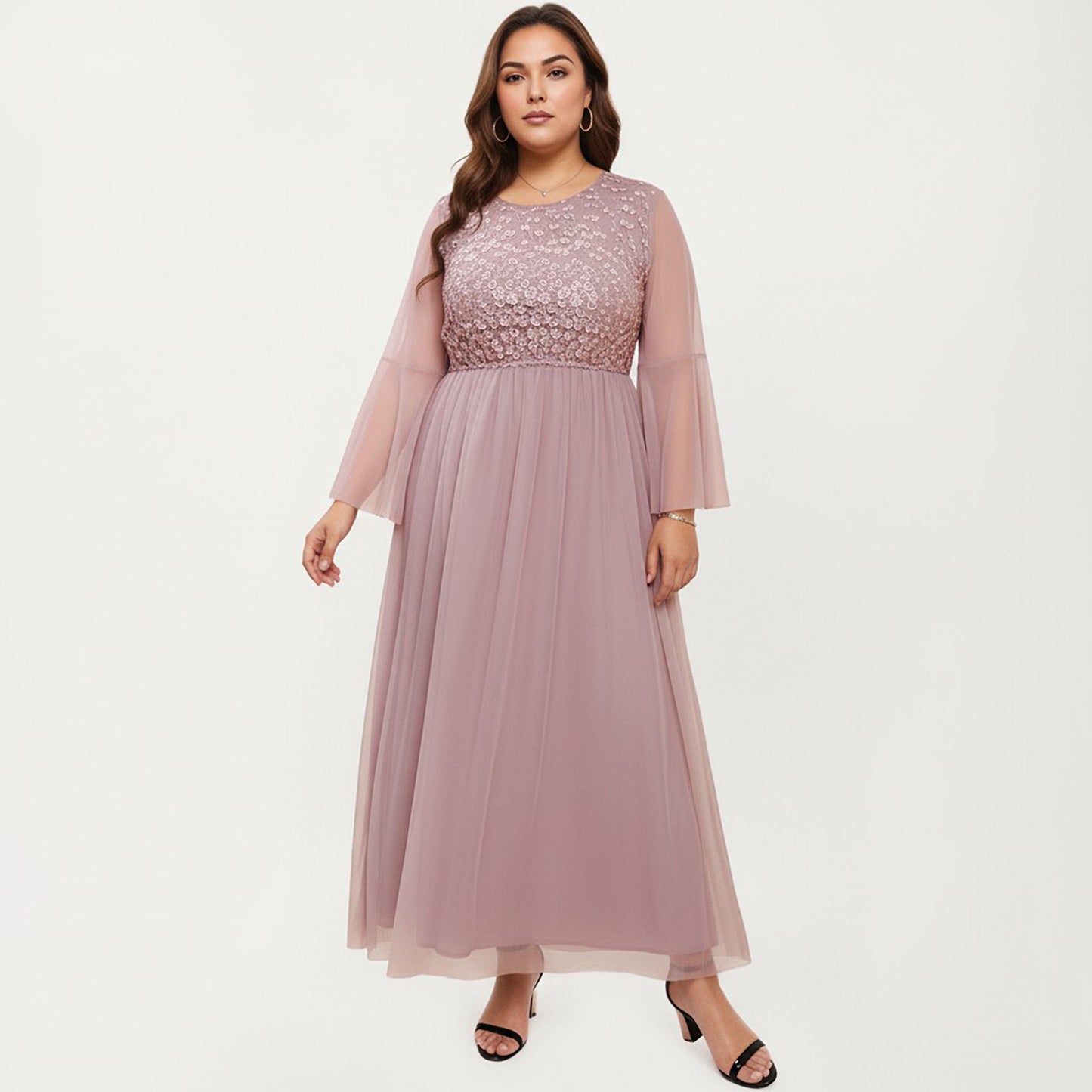 Plus Size Long Sleeve Embroidered Mesh Midi Dress with Flowy Skirt and Defined Waist