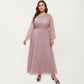Plus Size Long Sleeve Embroidered Mesh Midi Dress with Flowy Skirt and Defined Waist