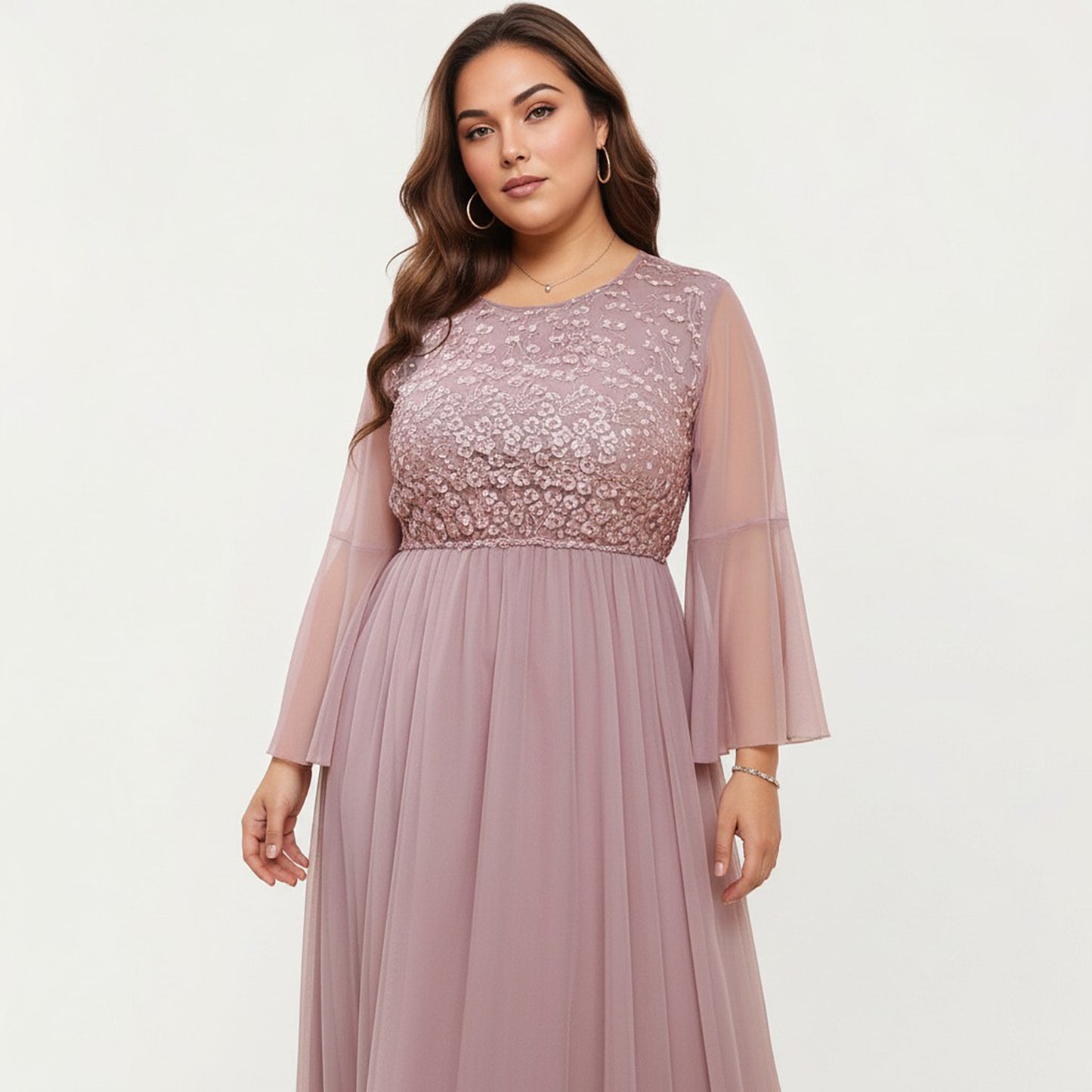 Plus Size Long Sleeve Embroidered Mesh Midi Dress with Flowy Skirt and Defined Waist