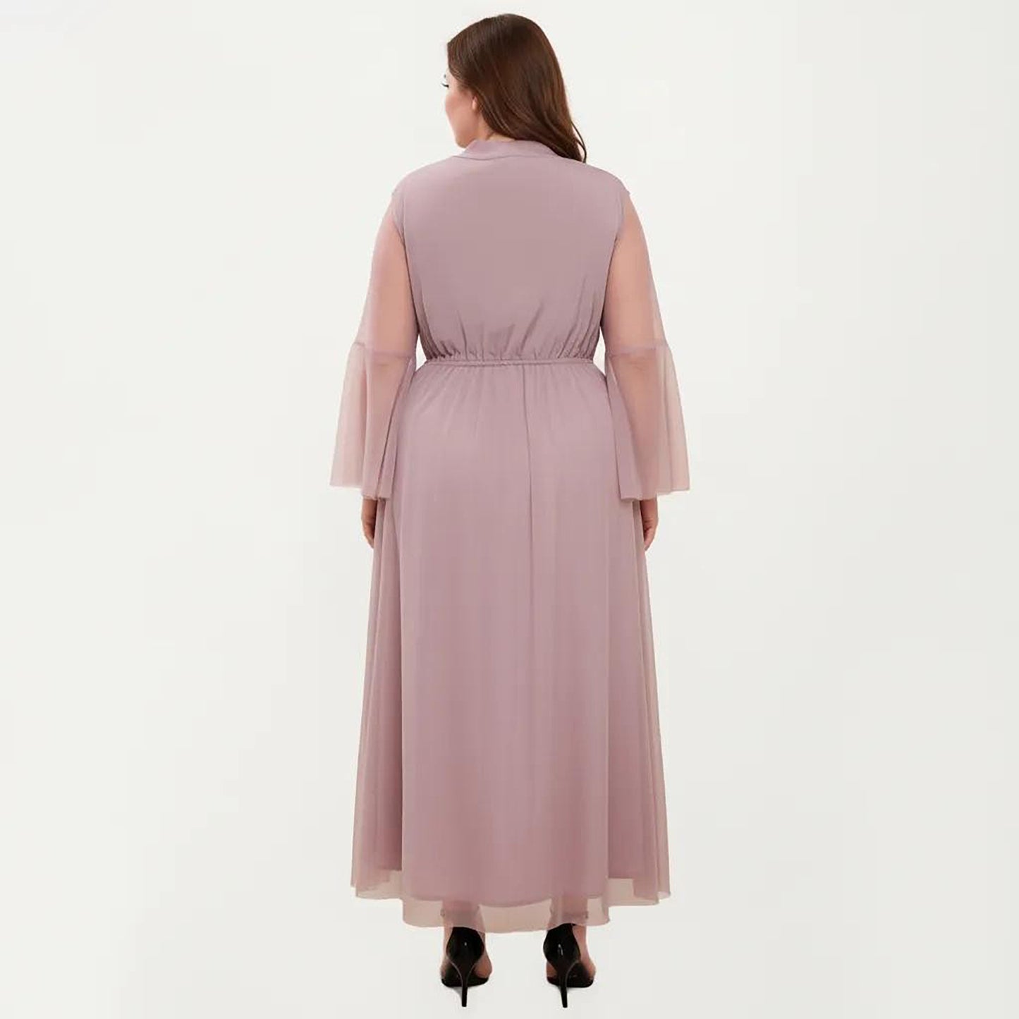 Plus Size Long Sleeve Embroidered Mesh Midi Dress with Flowy Skirt and Defined Waist