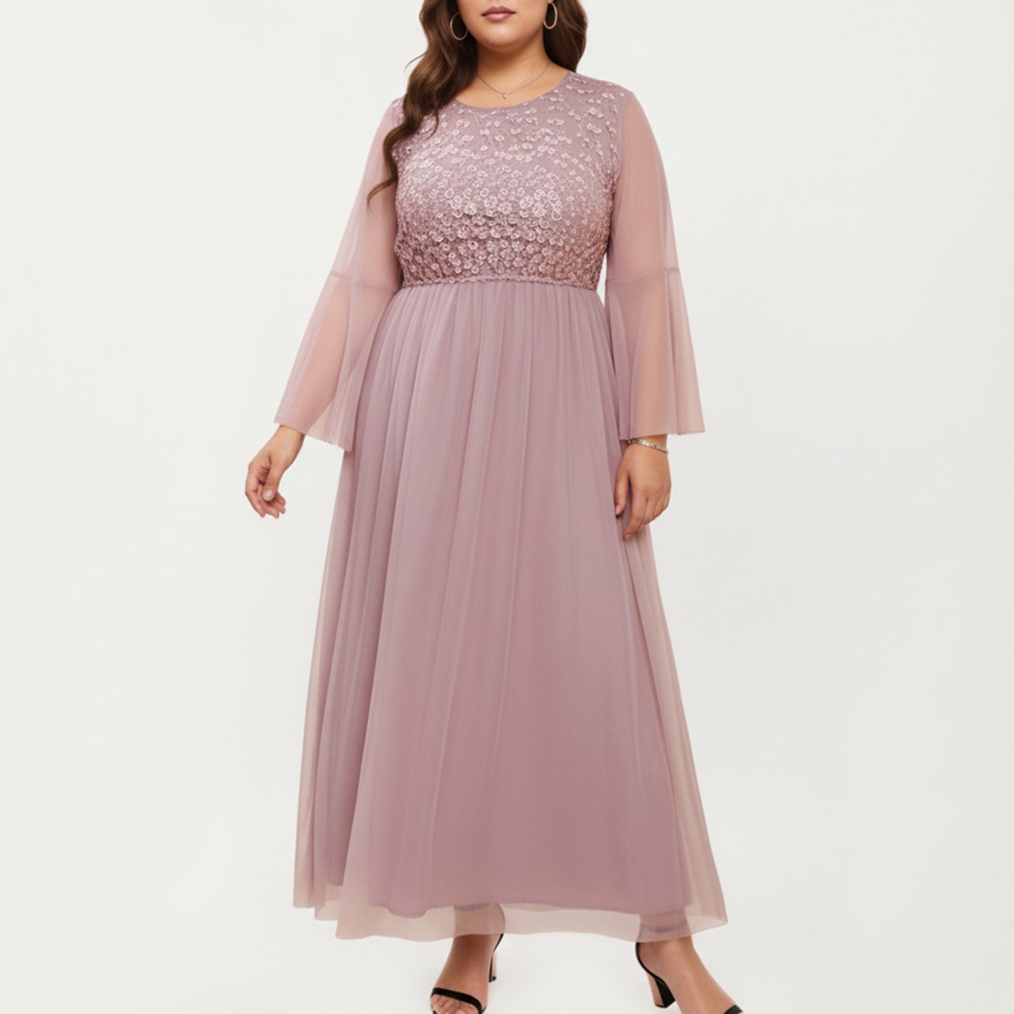 Plus Size Long Sleeve Embroidered Mesh Midi Dress with Flowy Skirt and Defined Waist