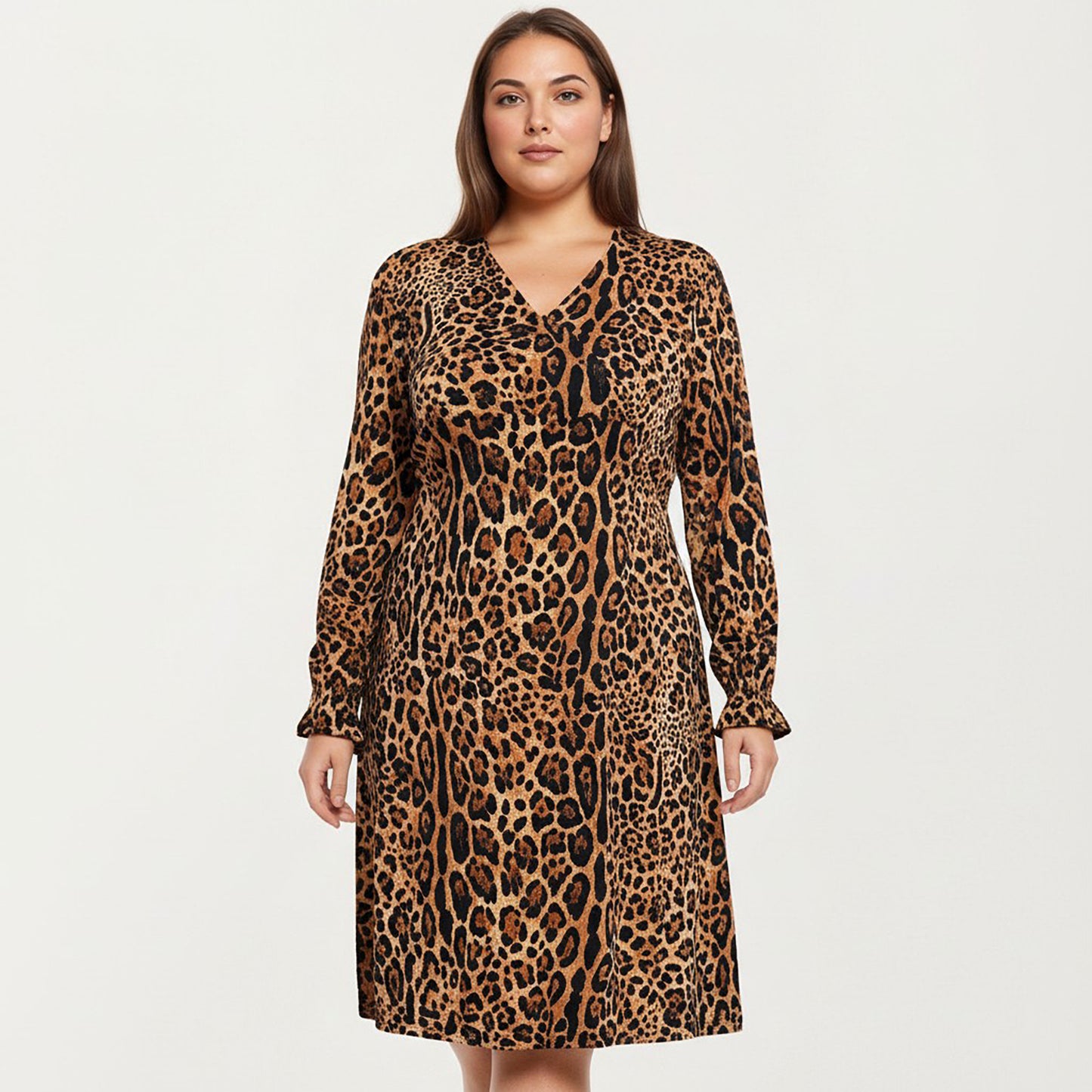 Plus Size Leopard Print Long Sleeve V-Neck Knit Dress with Flattering Straight Silhouette