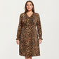 Plus Size Leopard Print Long Sleeve V-Neck Knit Dress with Flattering Straight Silhouette