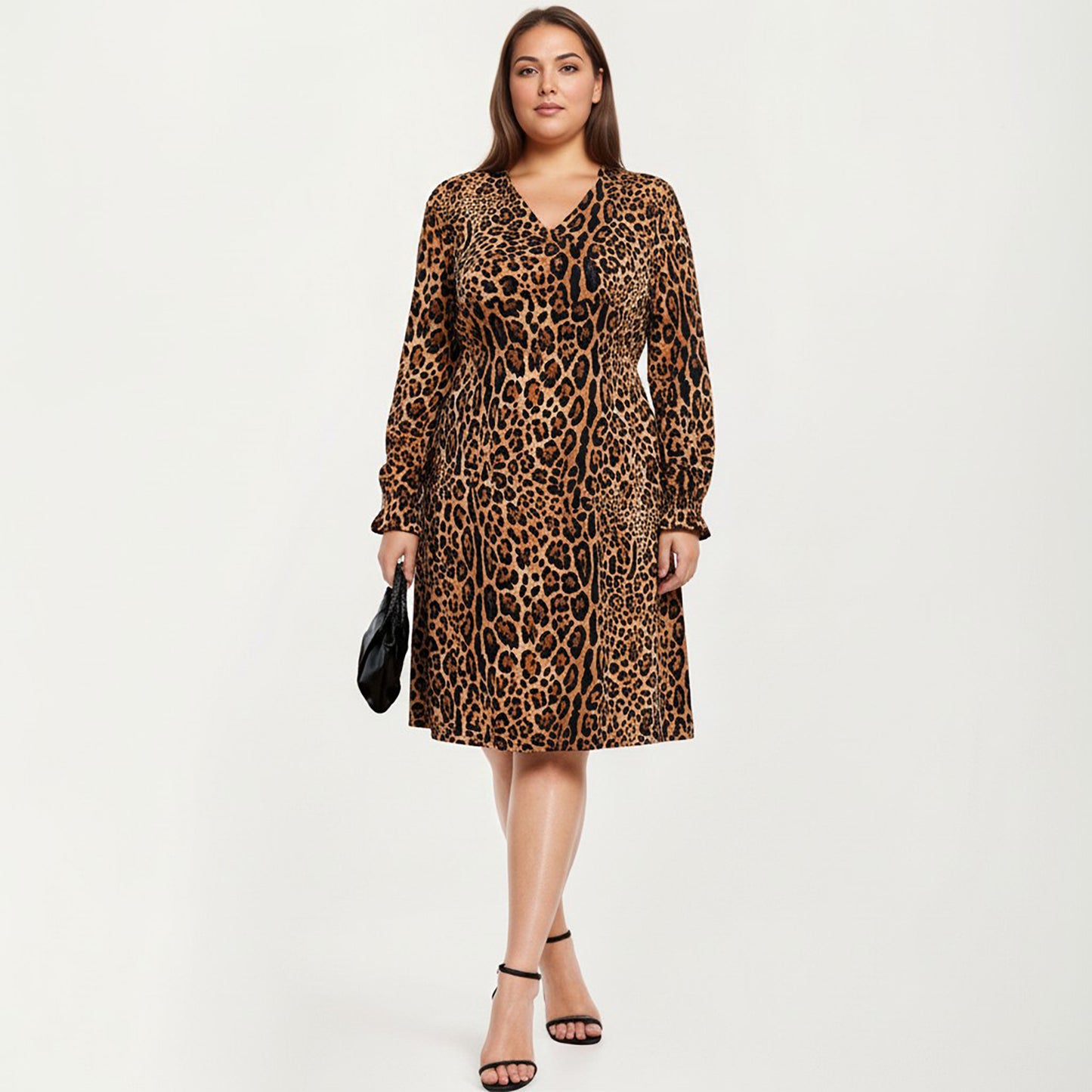 Plus Size Leopard Print Long Sleeve V-Neck Knit Dress with Flattering Straight Silhouette