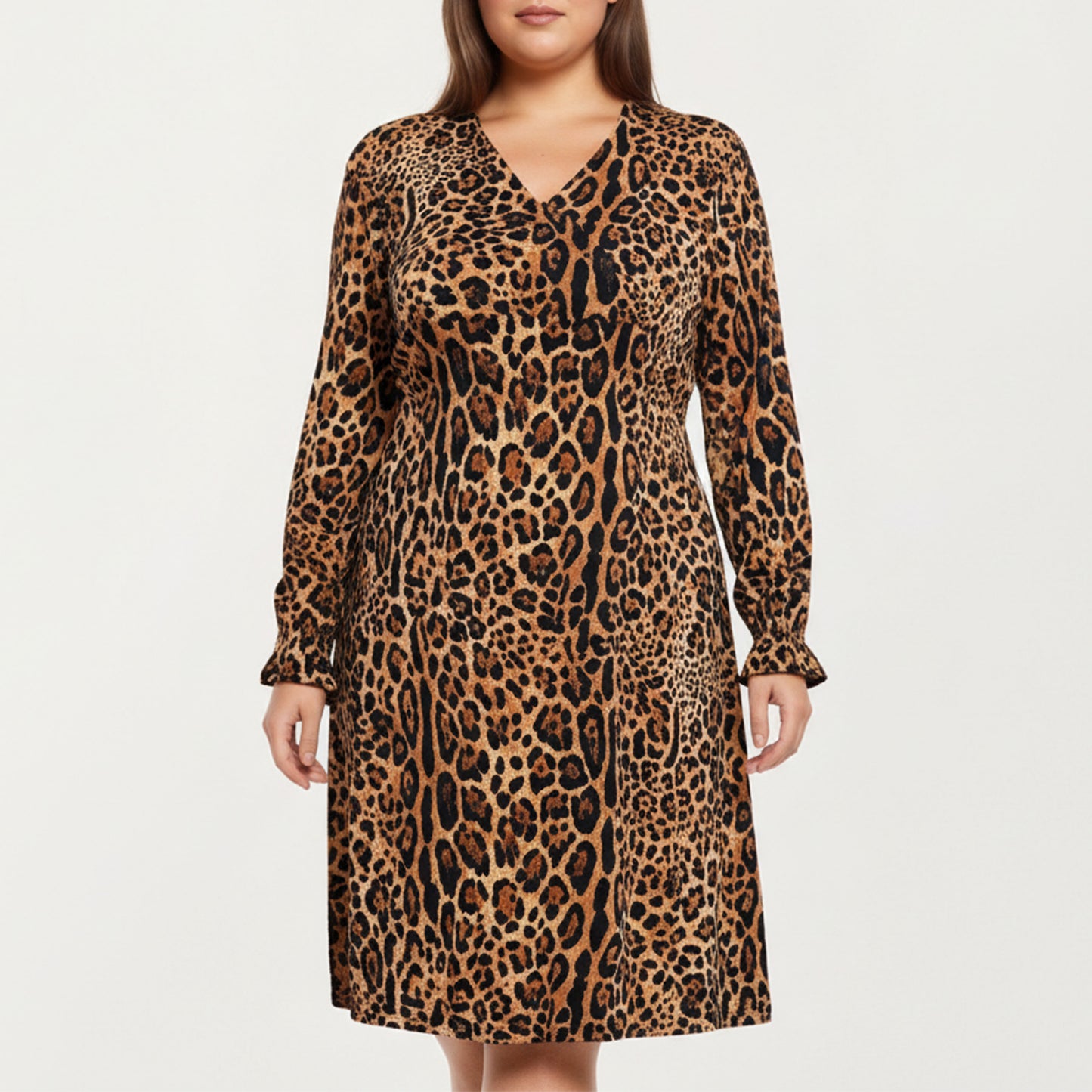 Plus Size Leopard Print Long Sleeve V-Neck Knit Dress with Flattering Straight Silhouette