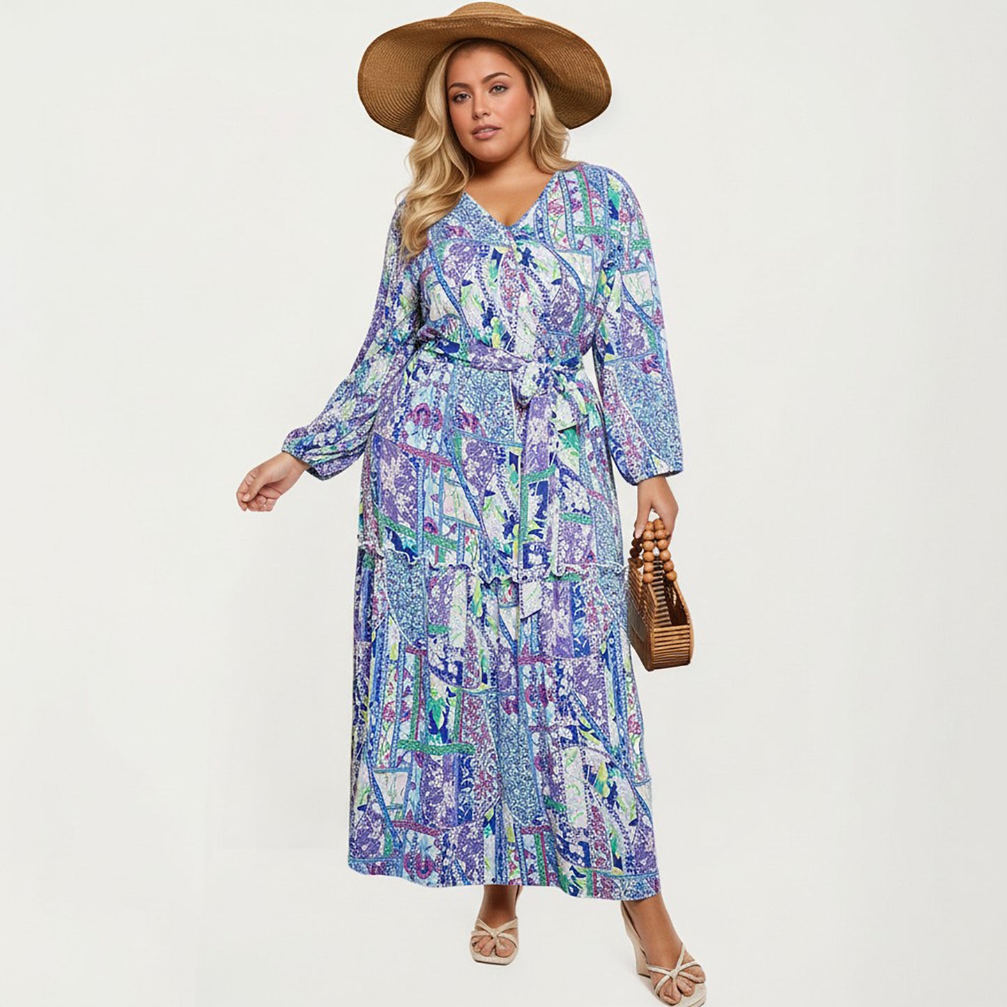 Plus Size Patchwork Print Long Sleeve V-Neck Maxi Dress with Waist Tie and Tiered Skirt