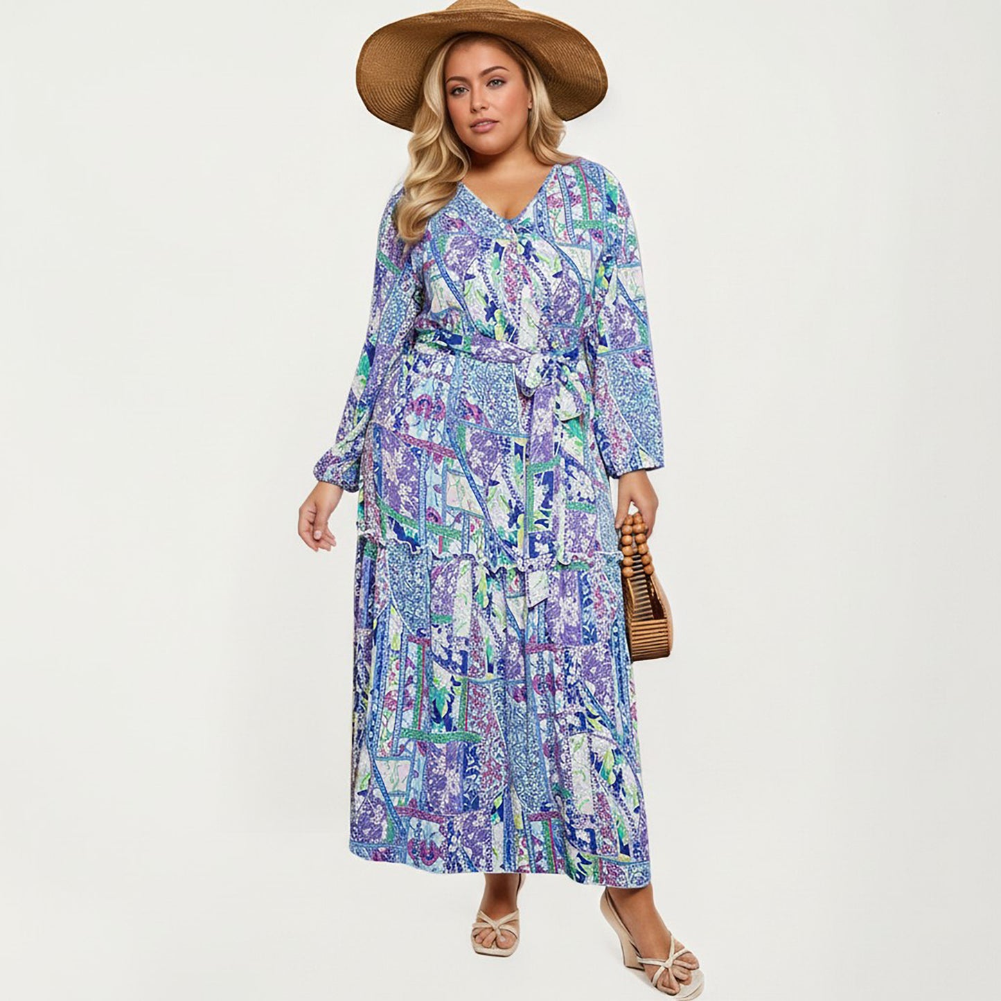 Plus Size Patchwork Print Long Sleeve V-Neck Maxi Dress with Waist Tie and Tiered Skirt