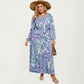 Plus Size Patchwork Print Long Sleeve V-Neck Maxi Dress with Waist Tie and Tiered Skirt