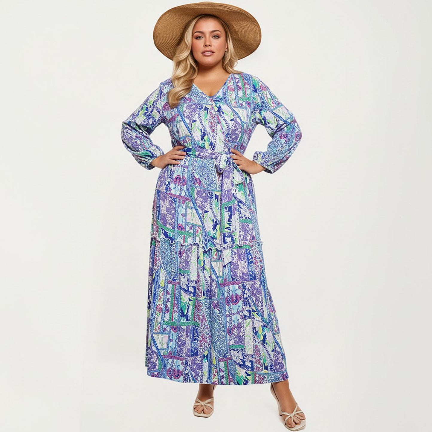 Plus Size Patchwork Print Long Sleeve V-Neck Maxi Dress with Waist Tie and Tiered Skirt