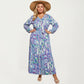Plus Size Patchwork Print Long Sleeve V-Neck Maxi Dress with Waist Tie and Tiered Skirt