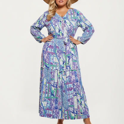 Plus Size Patchwork Print Long Sleeve V-Neck Maxi Dress with Waist Tie and Tiered Skirt