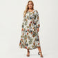 Plus Size Floral Print Long Sleeve V-Neck Midi Dress with Waist Tie and Tiered Skirt