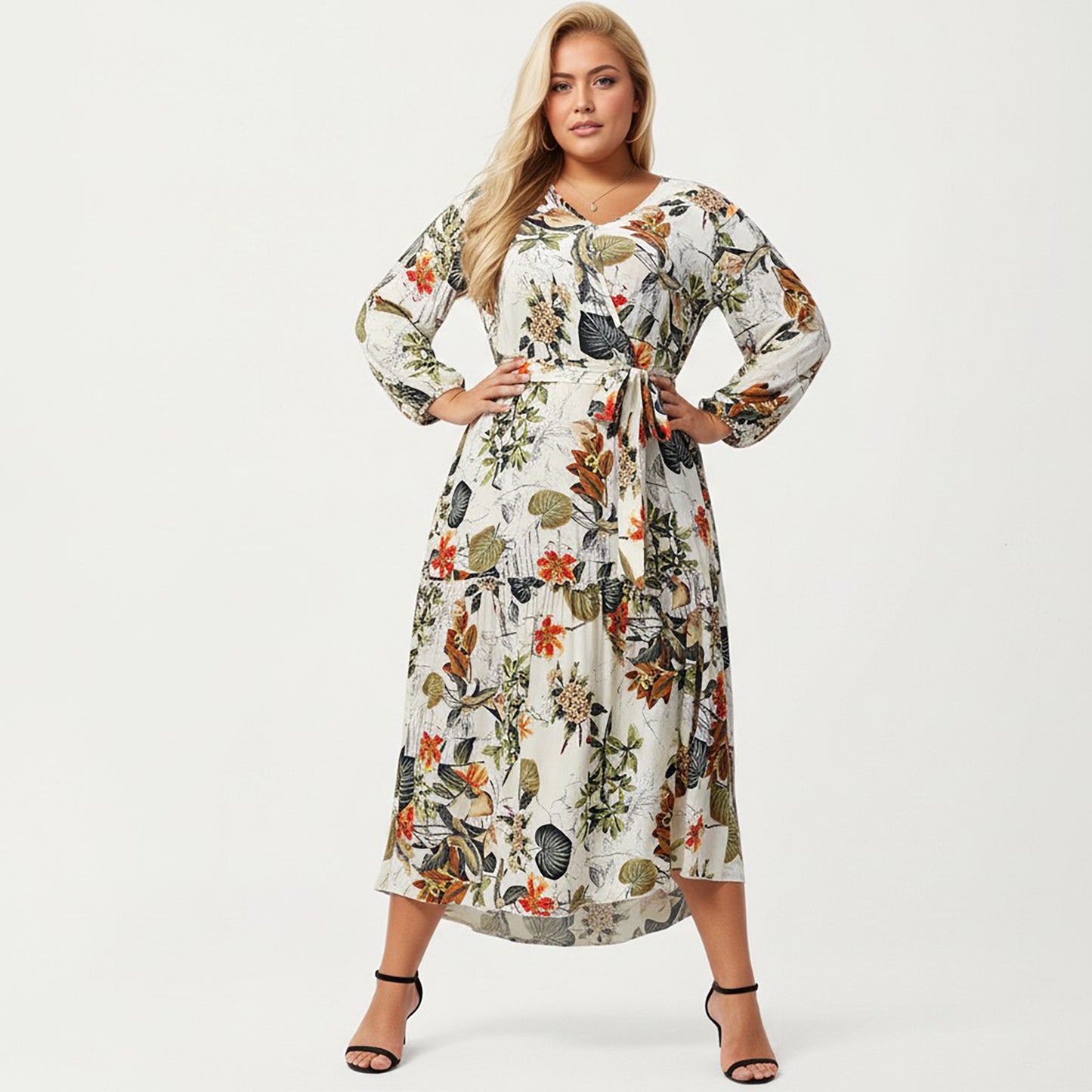Plus Size Floral Print Long Sleeve V-Neck Midi Dress with Waist Tie and Tiered Skirt
