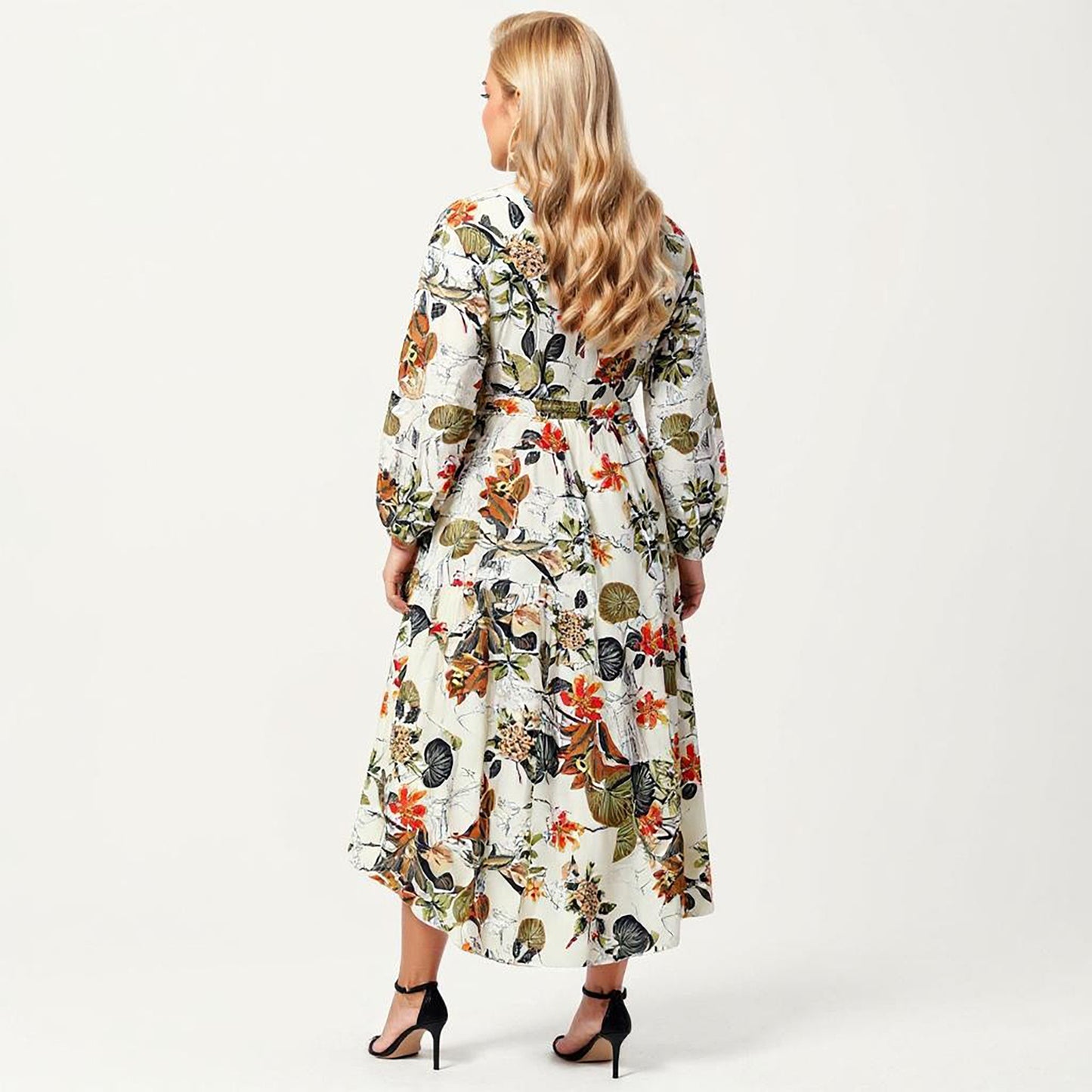 Plus Size Floral Print Long Sleeve V-Neck Midi Dress with Waist Tie and Tiered Skirt