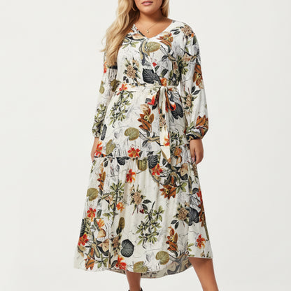 Plus Size Floral Print Long Sleeve V-Neck Midi Dress with Waist Tie and Tiered Skirt