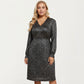 Plus Size Dotted Print Long Sleeve V-Neck Midi Dress with Fitted Waist and Flowy Skirt