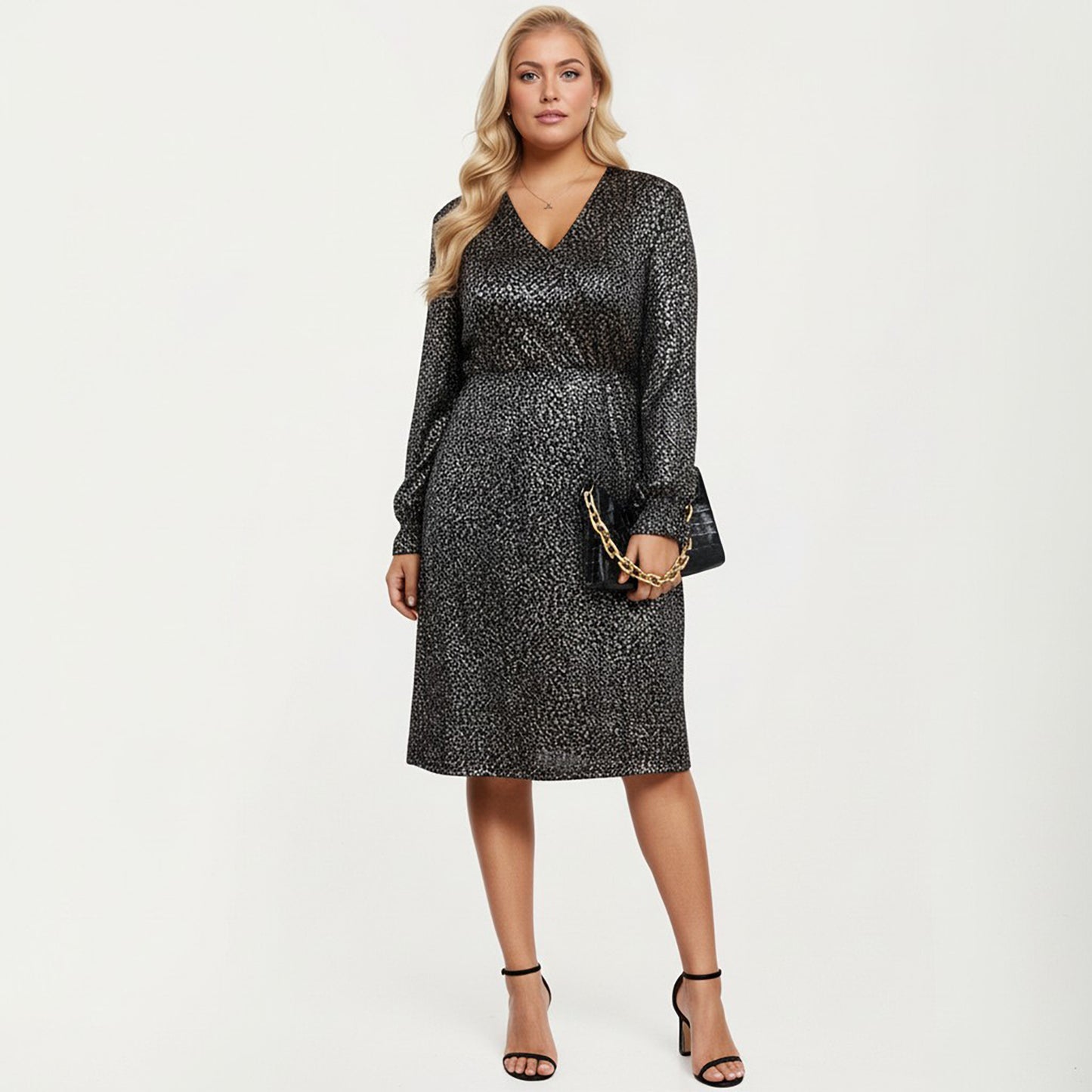 Plus Size Dotted Print Long Sleeve V-Neck Midi Dress with Fitted Waist and Flowy Skirt