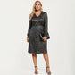 Plus Size Dotted Print Long Sleeve V-Neck Midi Dress with Fitted Waist and Flowy Skirt