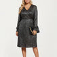 Plus Size Dotted Print Long Sleeve V-Neck Midi Dress with Fitted Waist and Flowy Skirt