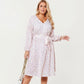 Plus Size Floral Print Long Sleeve Wrap Midi Dress with V-Neckline and Adjustable Waist Tie