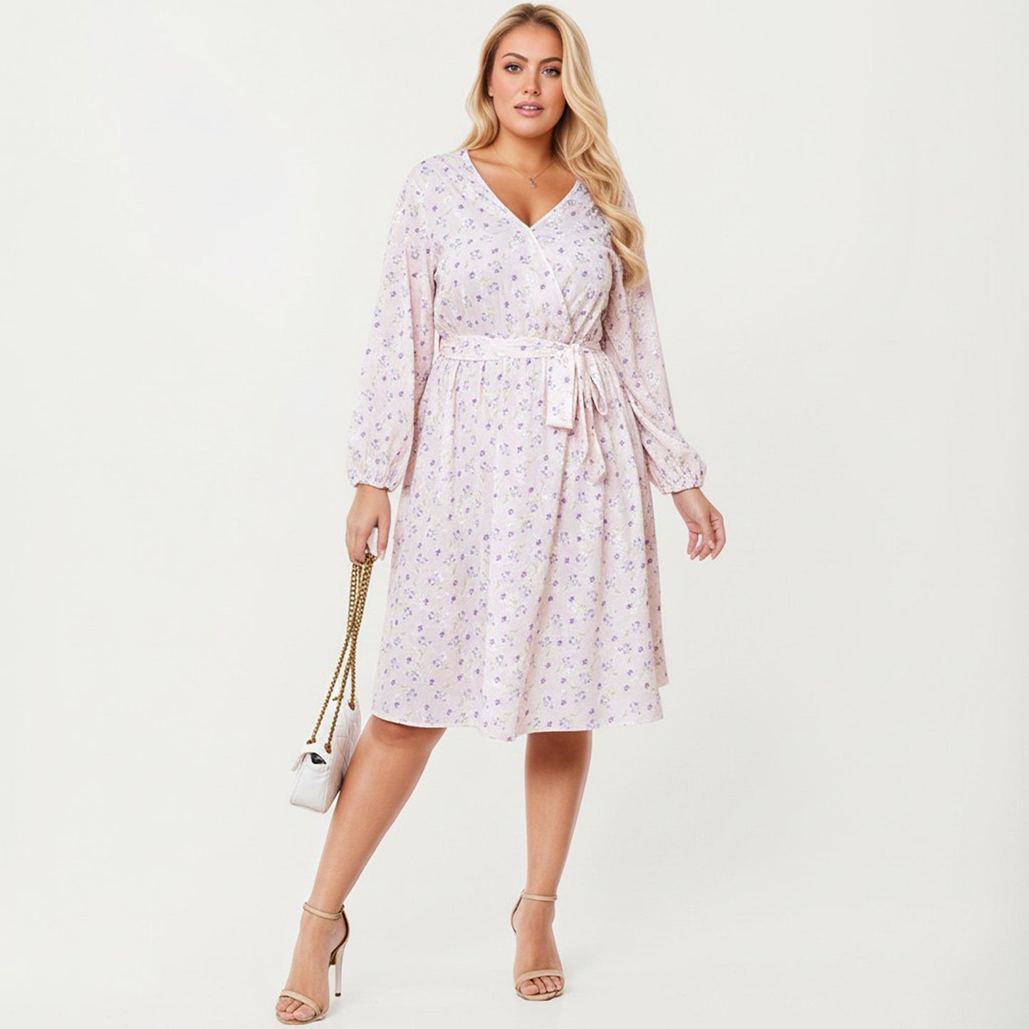 Plus Size Floral Print Long Sleeve Wrap Midi Dress with V-Neckline and Adjustable Waist Tie
