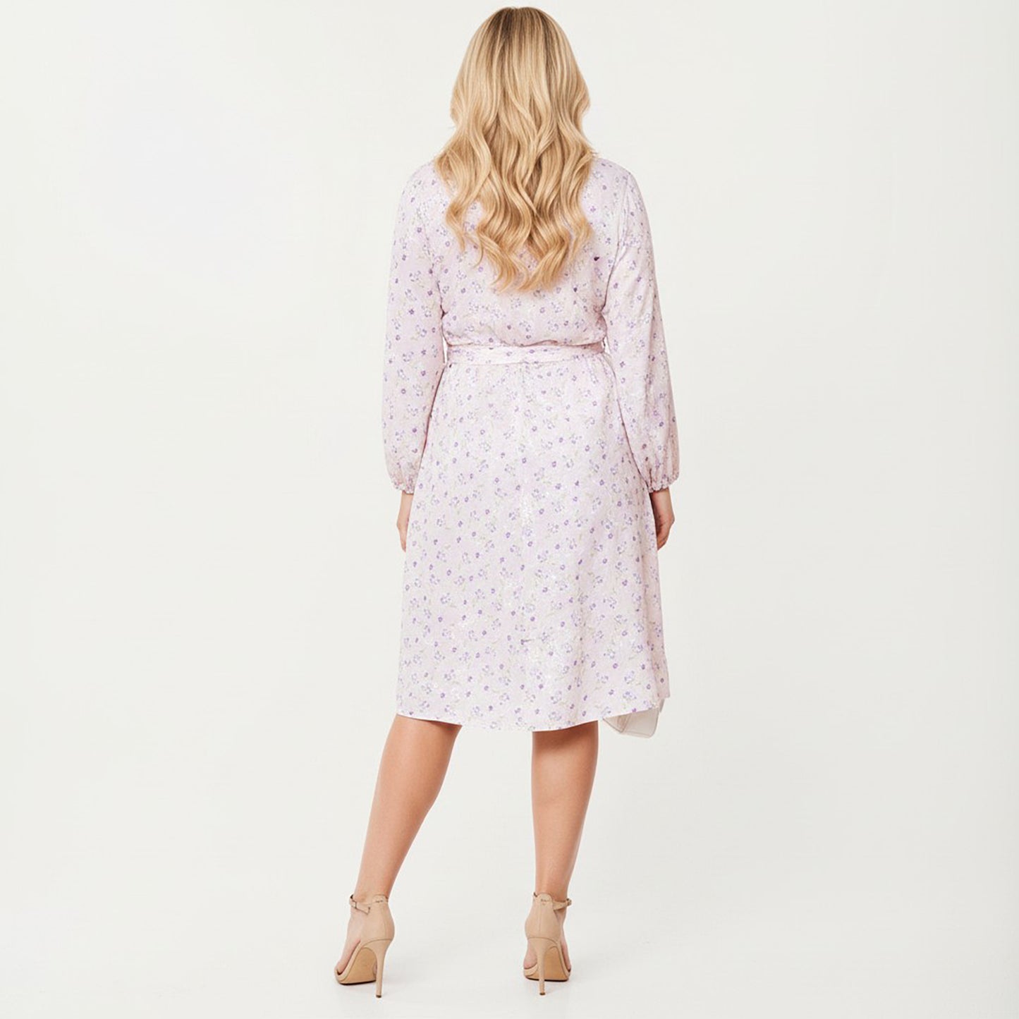 Plus Size Floral Print Long Sleeve Wrap Midi Dress with V-Neckline and Adjustable Waist Tie