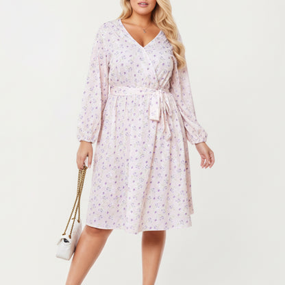 Plus Size Floral Print Long Sleeve Wrap Midi Dress with V-Neckline and Adjustable Waist Tie